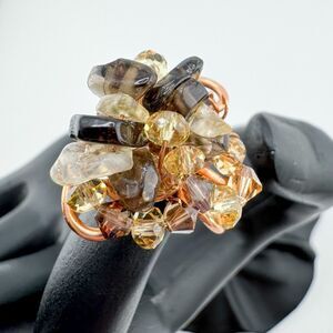 Vintage Rose Gold Wire Bead Stone Ring Chunky Handmade Artisan Bold Retro